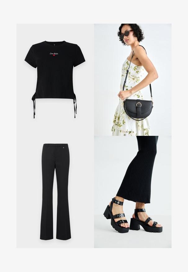 Fekete pamut, rövid ujjú póló, amelyen fehér és piros hímzett "Ciao Bella" felirat található. Oldalán megkötőkkel az alsó rész állítható méretért.; Fekete, lágy anyagból készült, trapéznadrág. Közepes derekú, övhurkokkal, lapos elülső résszel és egy kis arany díszítéssel a derékpánt közelében.; Fekete platform szandálok vastag, barázdált talppal és több pánttal, fém csatokkal, sima bőrhatású textúrával.; Fekete bőrtáska ívelt formával, levehető pánttal és arany színű fémrészekkel. A táskán egy csattal díszített fedél található.