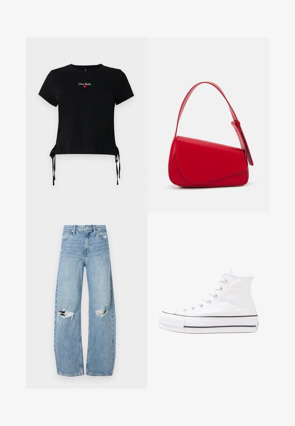 Svart bomullst-shirt med kort ärm med "Ciao Bella" broderat i vitt och rött. Sidosnören för justerbar passform vid fållen.; Ljusblå, högmidjade jeans i denim. Har vida ben, två slitna knäområden och klassisk femfickedesign.; Vit hög topp canvas sneaker med svart gummisulan, framsidan gummitåhätta och sex öglor för snören, med en ren, minimalistisk design.; Röd läderhandväska med en vinkelrät, geometrisk design. Har ett justerbart axelband och en klaffstängning med sydda detaljer.