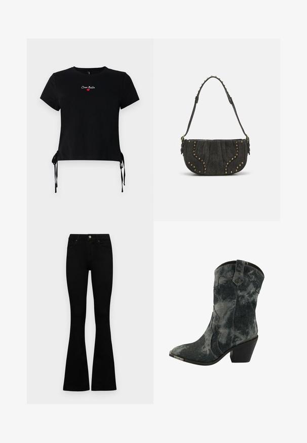Černé krátké tričko z bavlny s krátkým rukávem, na němž je vyšitý nápis "Ciao Bella" v bílé a červené barvě. Na bocích jsou šňůrky pro nastavení šířky spodního lemu.; Černé vysoké džíny s knoflíkem a zipovým zapínáním, předními kapsami a rozšířenými nohavicemi, ležící na bílé podložce.; Džínové kotníkové boty v černé a šedé barvě, s špičatou špičkou, vrstveným designem a blokovým podpatkem. Stříbrný akcent na špičce.; Černá semišová kabelka s zakřiveným designem, zdobená nýty a texturovaným povrchem. Nastavitelný popruh s cvočkovými detaily podél okraje.