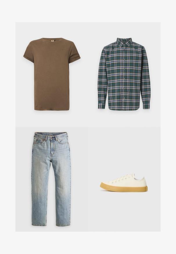 T-shirt de algodão castanho de manga curta com decote redondo e punhos dobrados, exposto contra um fundo branco liso.; Camisa de flanela verde com um padrão de xadrez apresentando linhas azuis, brancas e mostarda. Frente com botões e colarinho pontudo. Mangas compridas.; Jeans de ganga azul claro com cintura alta, fecho frontal, zipper e design de cinco bolsos, dispostos de forma plana sobre um fundo neutro.; Sapatilhas de tela em off-white com biqueira redonda, apresentando solas de borracha bege e cinco ilhós para atacadores, acabamento texturizado na parte superior.