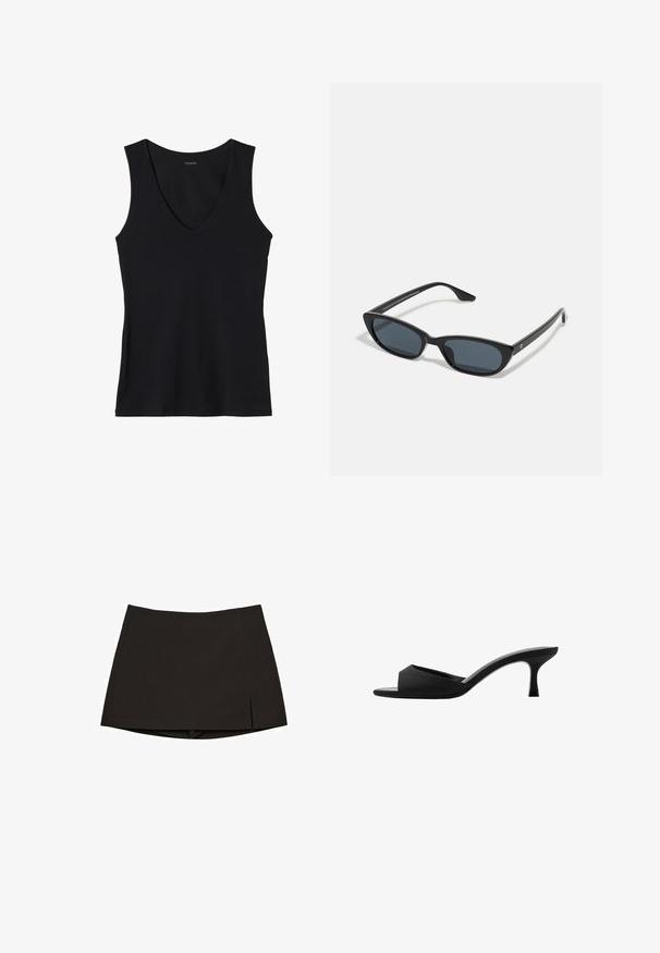 Black sleeveless top with a deep v-neckline, made from soft fabric. Simple design with no patterns or embellishments.; Black mini skirt made from smooth fabric, featuring a straight design with side slits and a clean hem. Simple and versatile.; Black heeled mules with a wide, open toe and a curved upper. Made of textured fabric, featuring a slender heel and a smooth sole.; Black cat-eye sunglasses with dark lenses, plastic frame, slim temples, and subtle branding on the inner arm. Matte finish texture.
