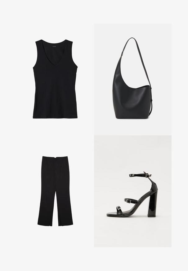 Top nero senza maniche con scollatura a V profonda, realizzato in tessuto morbido. Design semplice senza motivi o decorazioni.; Pantaloni neri a gamba dritta, con tasche frontali e spacchi laterali all'orlo. Realizzati in tessuto morbido e liscio. Adatti a diverse occasioni.; Sandali con tacco in vernice nera, con punta squadrata, cinturini alla caviglia e fibbie in argento. Presentano un tacco a blocco spesso per maggiore stabilità.; Borsa hobo nera in pelle con una superficie liscia, forma curvata e una singola tracolla regolabile; presenta un'ampia apertura nella parte superiore.