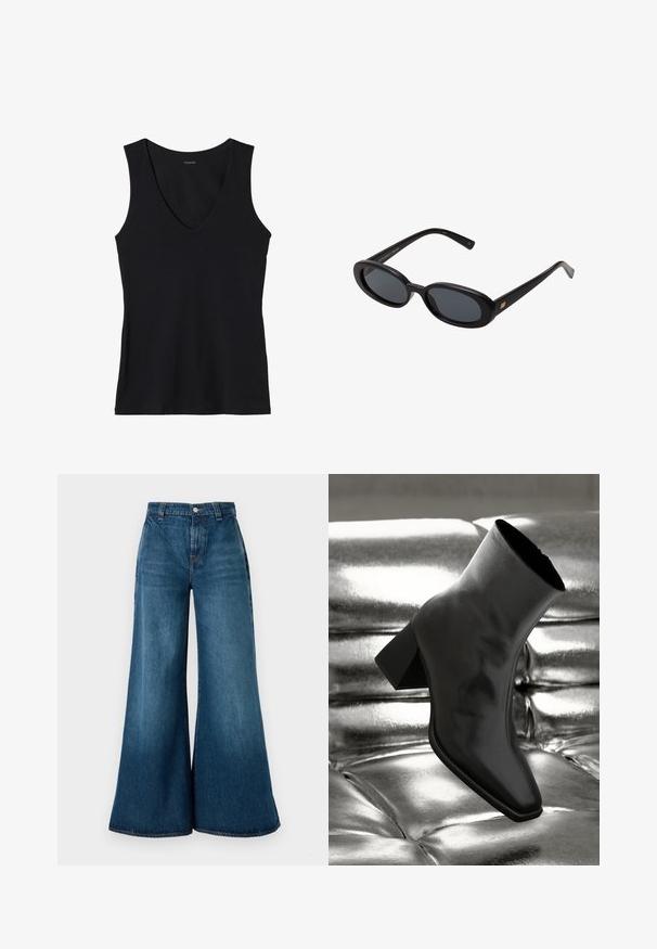 Czarny bezrękawnik z głębokim dekoltem w kształcie litery V, wykonany z miękkiego materiału. Prosty fason bez wzorów i ozdób.; Jeans z szerokimi nogawkami w ciemnoniebieskim odcieniu, z wysokim stanem, z przodem zapinanym na guzik oraz klasycznym pięciopakowym wzorem. Gładka tekstura.; Czarne botki za kostkę wykonane z błyszczącego materiału, z kwadratowym noskiem i zwężającym się obcasem, na tle błyszczącego srebrnego tapicerowanego tła.; Czarne, oversize okulary przeciwsłoneczne z owalnymi soczewkami, gładkim plastikowym mostkiem i złotymi akcentami na zausznikach. Ciemne soczewki zapewniają ochronę przed słońcem.