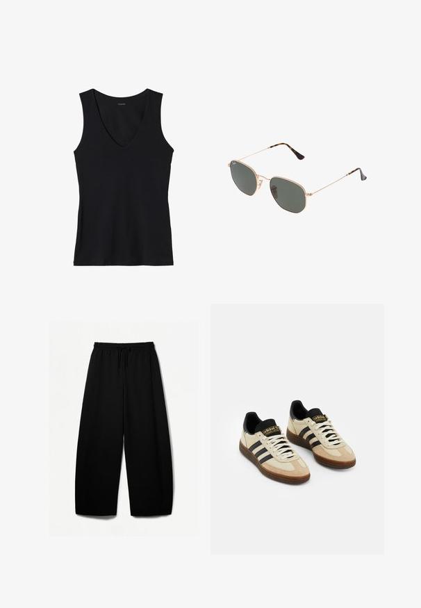 Black sleeveless top with a deep v-neckline, made from soft fabric. Simple design with no patterns or embellishments.; Black wide-leg pants with an elastic waistband and drawstring. Soft fabric with a smooth texture. Straight cut with side seams.; Beige suede athletic shoes with black leather accents, white laces, and brown rubber outsole. Three black stripes on each side.; Gold metal-frame sunglasses with dark green lenses, aviator style, featuring slim arms and tortoiseshell accents on the tips.