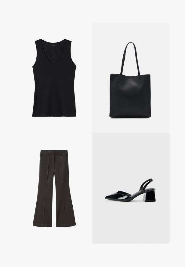 Schwarzes ärmelloses Top mit tiefem V-Ausschnitt, aus weichem Stoff gefertigt. Einfaches Design ohne Muster oder Verzierungen.; Schwarze, weit geschnittene Hosen mit hoher Taille; verfügt über zwei Fronttaschen und eine glatte Stoffoberfläche. Geeignet für verschiedene Anlässe.; Schwarze Lackleder-Slingback-High Heels mit spitzem Schuh und einem geometrischen Blockabsatz. Verfügt über ein schlankes, minimalistisches Design und eine glatte Textur.; Schwarze Laptoptasche aus Leder mit glatter Textur, rechteckiger Form und zwei langen Griffen. Keine sichtbaren Beschläge oder Verzierungen.