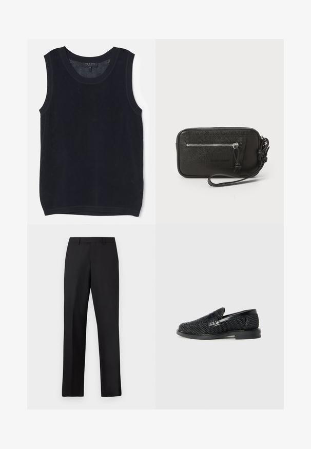 rag & bone PAYTON TANK - Top - black; Schwarze, gerade geschnittene Hose aus glattem Stoff. Verfügt über einen normalen Bund und keine sichtbaren Muster oder Akzente.; Schwarzer geflochtener Slipper mit einem glatten Lederakzent im Obermaterial, einem runden Zehendesign und einer flachen Gummisohle.; Schwarze Leder-Clutch mit strukturiertem Oberflächen, Vorderseite mit Reißverschlusstasche und abnehmbarem Handgelenkriemen. Fällt durch ein Logo-Patch auf der Vorderseite auf. Rechteckige Form.