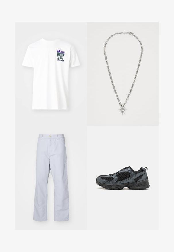 Baltos medvilnės marškinėliai su purpurine grafika, vaizduojančia sėdintį asmenį, su užrašais "Obey" ir "Stop Worry Now!" juoda spalva.; Šviesiai mėlyni, tiesaus kirpimo medvilniniai džinsai. Turintys priekinę kišenę, užtrauktuką ir vieną metalinį mygtuką juosmens dalyje.; Juodi ir pilki sportiniai bateliai su tekstūruoto tinklo viršumi, guminiais padais ir palaikančia konstrukcija. Yra logotipas ir raištelių sistema.; FAINZ SPIKE HEART CHAIN UNISEX - Grandinėlė - silver-coloured