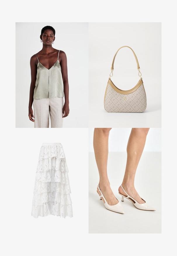 Lichtgroene satijnen camisole met dunne spaghettibandjes, een V-halslijn en een rechte zoom. Gecombineerd met lichtbeige broek voor contrast.; Witte kant rok met een gelaagd ontwerp en gegolfde randen. Het materiaal heeft een bloemenpatroon en textuur, wat een gelaagd uiterlijk creëert.; Beige gepatineerde leren slingback hakken met een spitze neus en een hak van 5 cm, met uitsparingen aan de zijkanten en een dunne enkelband.; Beige handtas met een patroon en een gebogen vorm, leren accenten en een goudkleurig logo aan de voorkant. Beschikt over een kort handvat voor gemakkelijk dragen.; Lauren Ralph Lauren COLLAR - Ketting - gold-coloured/white