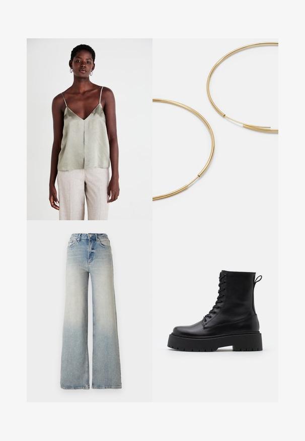 Camiseta de satén verde claro con tirantes finos, escote en V y dobladillo recto. Combinada con pantalones beige claros para un contraste.; Jeans de mezclilla de tiro alto y pierna ancha en color azul claro, con cinco bolsillos y costuras visibles a lo largo de las costuras.; Botas de cuero negras hasta el tobillo con punta redonda, cordones en la parte delantera y una suela de goma gruesa con un dibujo texturizado. Tirador en la parte trasera.; Pendientes de aro color dorado, delgados y redondos, con un acabado metálico suave y sin adornos ni patrones.
