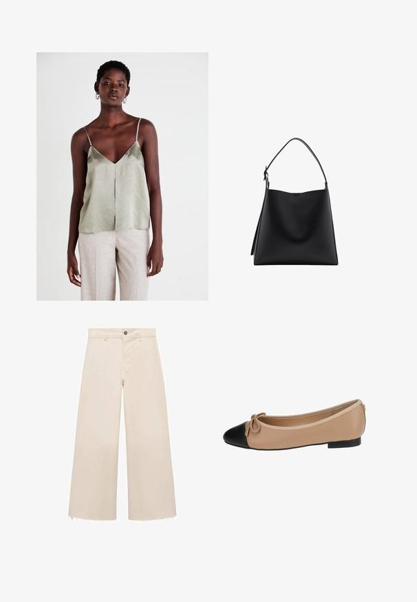 Jasnozielona satynowa koszulka na cienkich ramiączkach, z dekoltem w kształcie litery V i prostym wykończeniem. Połączona z jasnobeżowymi spodniami dla kontrastu.; Spodnie o szerokich nogawkach w jasnym beżowym kolorze z bawełny, z zapięciem na guzik, subtelnym postrzępionym dołem oraz luźnym krojem.; Baletki w beżowej skórze z czarnym noskiem. Posiadają detal w postaci kokardki z przodu oraz gładką fakturę. Niska sylwetka z gumową podeszwą.; Czarna skórzana torebka o gładkiej fakturze, minimalistycznym designie i pojedynczym, zakrzywionym pasku na ramię. Otwarte wierzchołek, brak widocznych elementów metalowych.