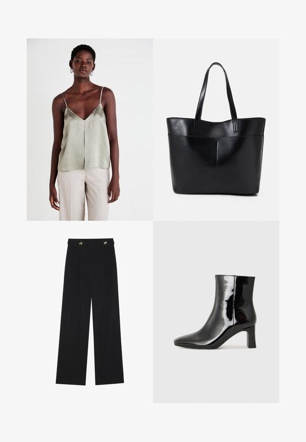 Hellgrüne Satin-Camisole mit dünnen Trägern, V-Ausschnitt und geradem Saum. Kombiniert mit hellbeigen Hosen für einen Kontrast.; Schwarze weite Hosen mit hoher Taille, Knopfdetails am Bund und vorderen Falten.; Schwarzer Lackleder-Stiefelette mit spitzer Zehe und einem mittelhohen Blockabsatz. Glatte Textur und minimalistisches Design.; Schwarze Leder-Shopper-Tasche mit zwei langen Griffen, einer glatten Textur und einer strukturierten Form. Verfügt über eine Vordertasche für zusätzlichen Stauraum.
