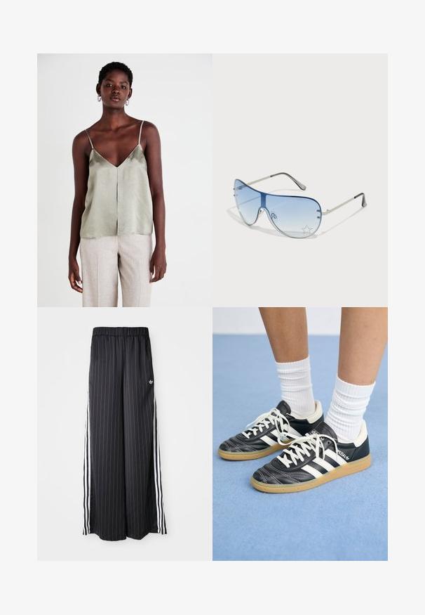 Világoszöld selyem spagettipántos top, V-kivágással és egyenes hemjével. Világos bézs nadrággal párosítva a kontraszt érdekében.; Fekete, bő szárú nadrág vertikális fehér csíkokkal, rugalmas derékkal és három fehér csíkkal az oldalon. Az Adidas logó elöl található.; Fekete bőr sportcipők fehér csíkokkal, kerek orral, fehér fűzővel és gumírozott talppal. Párnázott bokarész és márkajelzések emelik ki.; Pilóta napszemüveg, melynek áttetsző kék lencséje, ezüst fém kerete és díszes csillag díszítések találhatók a lencsén. Simogató és elegáns dizájn.