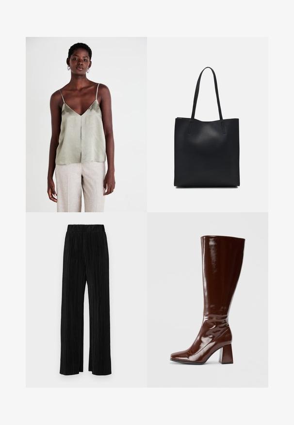 Top in satin verde chiaro con spalline sottili, scollatura a V e orlo dritto. Abbinato a pantaloni beige chiaro per un contrasto.; Pantaloni neri a plissé con vita elasticizzata. Presentano gamba ampia e un tessuto liscio e texture con strisce verticali.; Stivali marroni in pelle verniciata alti fino al ginocchio, con punta quadrata, finitura lucida e taccochunky per stabilità. Design senza soluzione di continuità senza hardware visibile.; Borsa tote in pelle nera con texture liscia, forma rettangolare e due manici lunghi. Nessun hardware o decorazione visibile.