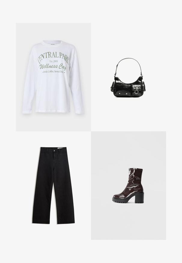 Bílá bavlněná košile s dlouhými rukávy, na které je zelený text "CENTRAL PARK Wellness Café" a rok "Est. 2001" pod tím.; Černé denimové kalhoty s volným střihem a vysokým pasem, vybavené předními a zadními kapsami, prošívanými švy a knoflíkovým zapínáním. Hladká textura.; Lesklá bordó kotníková bota s masivním černým podpatkem, se hladkým povrchem a jednoduchým designem. Žádné viditelné zapínání ani vzory.; Černá lakovaná kožená kabelka s křivkovým tvarem, jedním ramenním popruhem, předními kapsami a stříbrnými kovovými detaily.