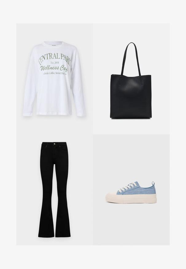 Long-sleeve white cotton t-shirt featuring green text that reads "CENTRAL PARK Wellness Café" with the year "Est. 2001" underneath.; Black high-waist jeans with a button and zip closure, front pockets, and flared legs laid flat on a white background.; Light blue canvas sneakers with a cream rubber toe cap and outsole, featuring white laces and a pull tab on the heel.; Black leather tote bag with smooth texture, rectangular shape, and two long handles. No visible hardware or embellishments.