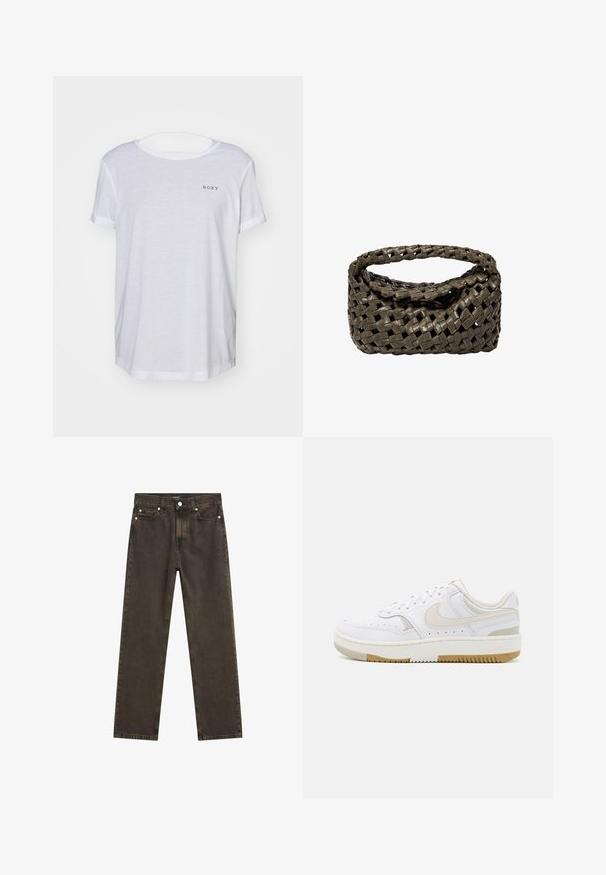 Roxy DREAMING WAVE - T-shirts basic - bright white; Mørkebrune lige bukser lavet af denim, med et klassisk fem-lomme design, metalhardware og synlige syningsdetaljer.; Hvide sneakers med en glat læderoverdel, lysebeige detaljer, perforerede elementer og en tan gummisål. Minimalistisk design.; Vævet håndtaske i mørkeoliven læder, med et rundt topgreb og en blød, tekstureret overflade i hobo-stil.; Guldfarvet metalarmbånd med flydende, kurvet design. Har en lille, fremtrædende sølvfarvet accent i den ene ende.