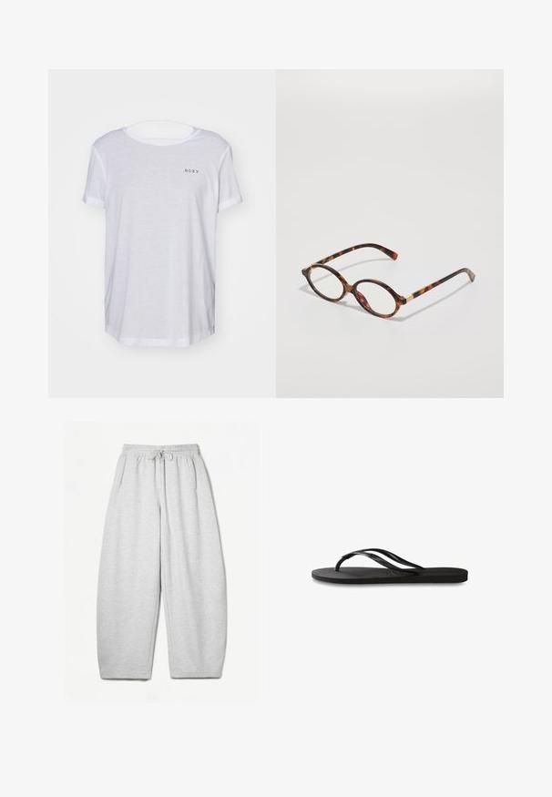 Roxy DREAMING WAVE - Basic póló - bright white; Világosszürke, laza fazonú melegítőnadrág, rugalmas derékpánttal, zsinórral és oldalsó zsebekkel; puha, texturált anyagból készült.; Fekete papucs texturált gumitalppal, két vékony pánttal és finom, domború logóval a pánton.; Tarka mintás szemüveg, ovális kerettel, tiszta lencsékkel és arany kiegészítőkkel. Ívelt szárakkal és sima, fényes felülettel rendelkezik.