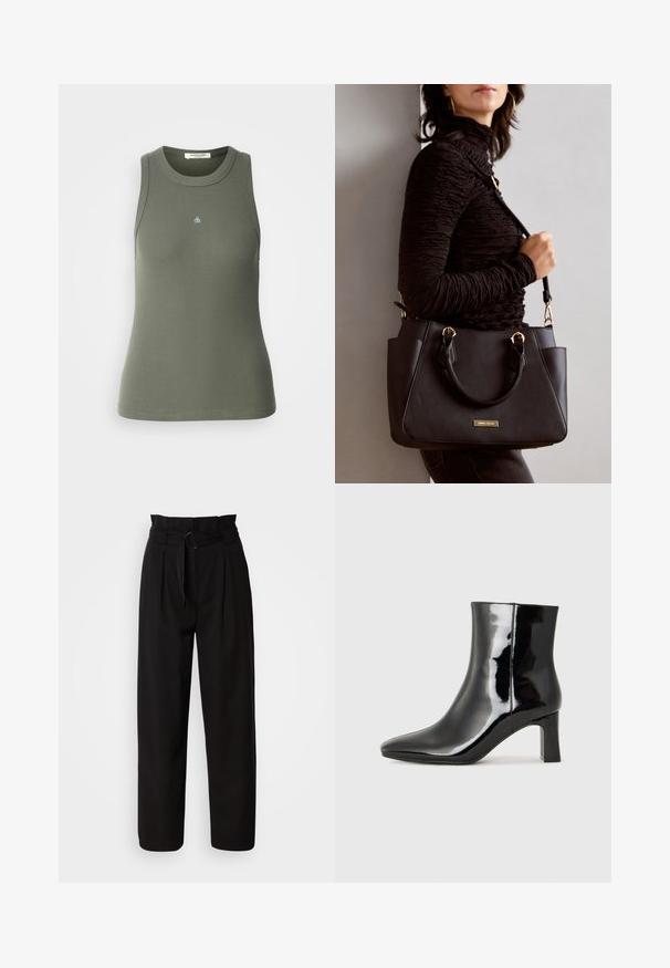 Canottiera a righe senza maniche in verde oliva con scollo rotondo. Presenta un piccolo logo blu "&" sulla parte anteriore. Tessuto morbido ed elastico.; Pantaloni neri a vita alta con gamba larga, caratterizzati da pieghe frontali e una cintura in tessuto con fibbia circolare. Texture liscia e design su misura.; Stivaletto in pelle verniciata nera con punta a punta e tacco a blocco di altezza media. Texture liscia e design minimalista.; Borsa nera con superficie texturizzata, manici superiori doppi e tracolla regolabile. Dotata di hardware color oro e tasche laterali.