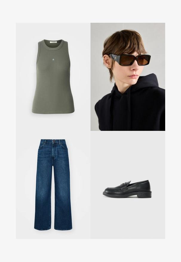 Ribbete, ermeløs tanktop i olivengrønn med rund hals. Har en liten blå "&"-logo på forsiden. Mykt, elastisk stoff.; Høyt liv, vide jeans i mørk blå denim med en jevn tekstur, kontrastsøm og fem-lommers design. Frontlukkning med knapp.; Sorte skinnloafere med rund tå, sydd detaljer og en liten hæl. Glatt tekstur og en fleksibel gummisåle.; Svart oversized solbriller med glanset finish, rektangulær form, brune tonede linser og detaljer med gulllogo på tempelene.
