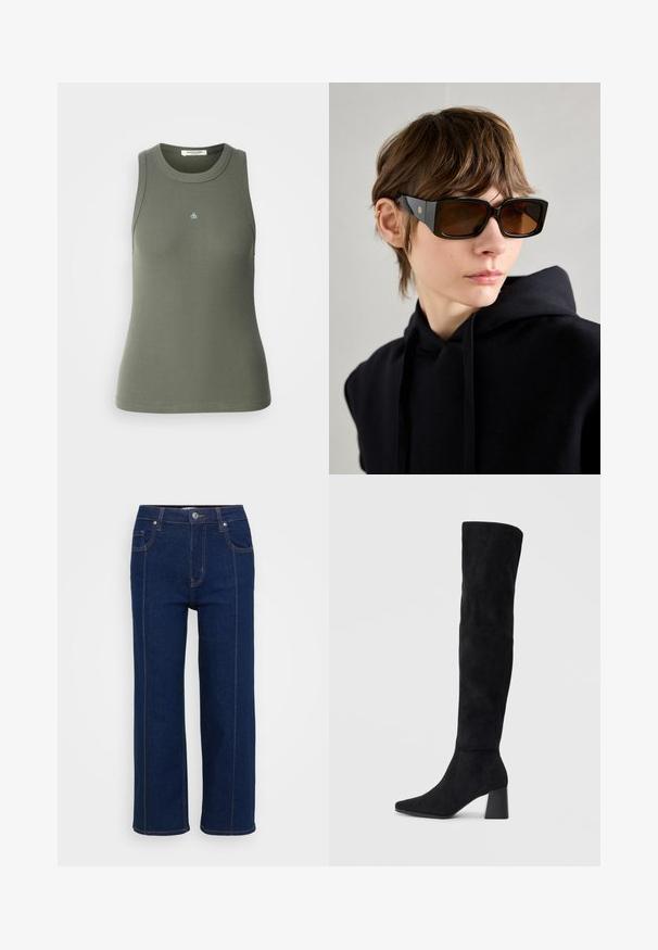 Ribbete, ermeløs tanktop i olivengrønn med rund hals. Har en liten blå "&"-logo på forsiden. Mykt, elastisk stoff.; Mørkeblå rette jeans med knappelukking, front- og baklommer, og synlig oransjefargede sømmer langs sømmene.; Sorte semskede knelang støvel med blokk-heelsk, spiss tå og glatt, sømløst design på en ensfarget lys bakgrunn.; Svart oversized solbriller med glanset finish, rektangulær form, brune tonede linser og detaljer med gulllogo på tempelene.; Svart håndveske med strukturert form, jevn tekstur og metallisk lås. Kombinert med brede svarte bukser og sandaler med åpen tå på tregulv.