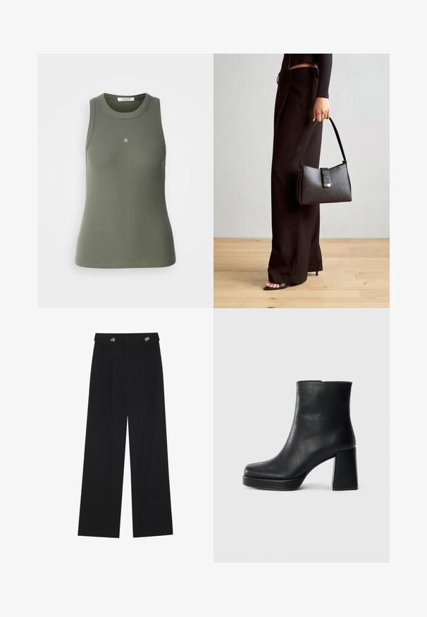 Žebrovaný bezrukávový top v olivově zelené barvě s kulatým výstřihem. Na přední straně je malá modrá logo "&". Měkká a elastická látka.; Černé široké kalhoty s vysokým pasem, detailní knoflíky na pase a přední záhyby.; Černý kožený kotníkový bot s blokovým podpatkem a platformou, viděný z boku na jednoduchém bílém pozadí.; Černá kabelka se strukturovaným tvarem, hladkým povrchem a kovovým uzávěrem. Kombinována s širokými černými kalhotami a sandály s otevřenou špičkou na dřevěné podlaze.