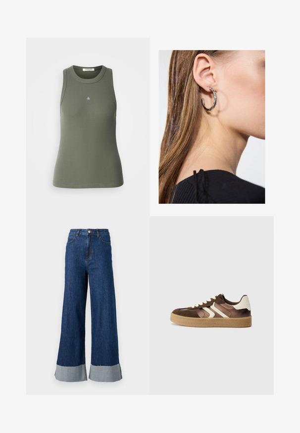 Débardeur côtelé sans manches en vert olive avec un col rond. Présente un petit logo bleu "&" à l'avant. Tissu doux et extensible.; Pantalons en denim à jambes larges avec un lavage bleu foncé, dotés d'un ourlet contrastant bleu clair et d'un design classique à cinq poches.; Baskets marron et crème en combinaison de daim et de satin, avec trois bandes diagonales et une semelle en gomme texturée.; Boucle d'oreille en argent avec une finition polie, présentant de petits détails en or et de forme ronde, portée sur le lobe.