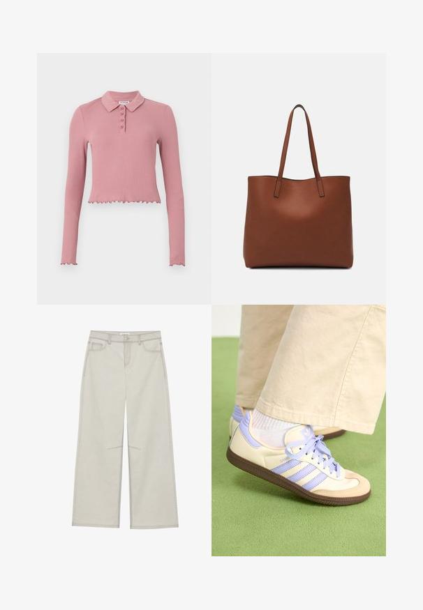 Cămașă polo cu mâneci lungi, scurtă, dintr-un material elastic de culoare roz deschis. Are guler și o listă cu nasturi cu patru nasturi și o margine ondulată.; Pantaloni gri deschis cu picioare largi, dotati cu cinci buzunare, închidere frontală cu buton și cusături în contrast pe căptușeală. Materialul pare a fi moale și durabil.; Adidași crem și lavandă cu trei dungi și o talpă texturată maro, având șireturi și un călcâi căptușit. Superior din material moale.; Geantă de umăr din piele maro cu o textură netedă, design cu vârf deschis și două curele pentru umăr. Prezintă cusături minime și fără componente metalice vizibile.