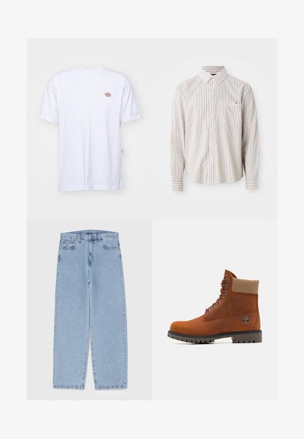 Balta medvilninė marškinė su V formos iškirpte ir trumpomis rankovėmis. Ant kairiojo krūtinės puikuojasi mažas spalvingas siuvinėtas logotipas. Minkšta tekstūra.; Balta ilgomis rankovėmis marškiniai su plonomis vertikaliomis raudonomis juostelėmis ir krūtinės kišene, kurioje yra mažas raudonas ir mėlynas logotipas.; Šviesiai mėlyni džinsai su tiesiomis kojomis, turintys vidutinio aukščio juosmenį, penkias kišenes ir mygtuko bei užtrauktuko uždarymą.; Timberland Suvarstomi aulinukai - medium orange