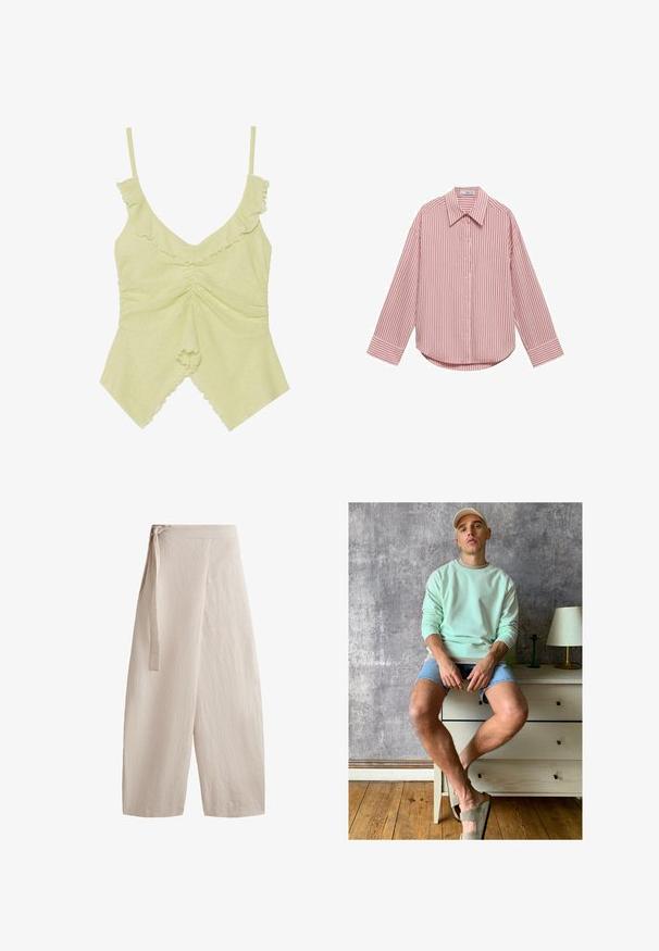 Svetlozelený bezrukávový top z mäkkej látky, so volánovými okrajmi, V-výstrihom a zúžením v strede.; Dlhý rukáv košele v svetlo ružovej farbe s vertikálnymi bielymi pruhmi. Má špicatý golier, predné gombíky a zaoblený lem. Mäkká textúra látky.; Béžové široké nohavice vyrobené z textúrovanej látky, s viazaním v páse, vysokým pásom a voľným strihom so rovnými nohavicami.; Mentolový sveter, džínsové šortky a olivovozelené nazúvacie topánky. Sedí na svetlýchkomode proti texturovanej šedej stene.