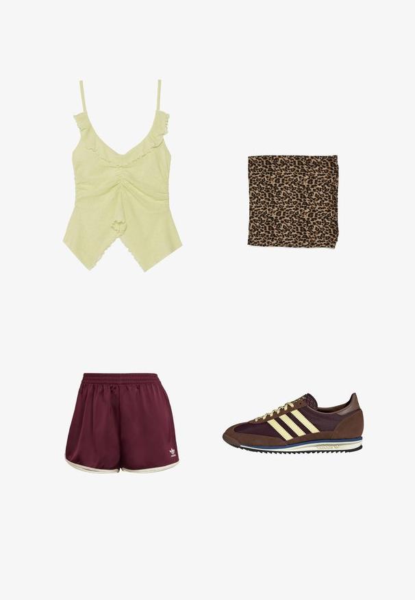 Lichtgroene mouwloze top van zacht materiaal, met rimpelende randen, een V-hals en geplooide details in het midden.; adidas Originals SPRINTER - Shorts - maroon cream white; Bruine en bordeauxkleurige sneaker van suede en mesh materiaal, met drie crèmekleurige strepen, een gemêleerd stof op de tong en een rubberen zool.; Luipaardprintstof in beige met zwarte vlekken, gladde textuur, rechthoekige vorm en geplooid met afgewerkte randen.; Zwarte leren handtas met een gladde textuur, een gebogen vorm en een kort verstelbaar hengsel; heeft een zilveren logo aan de voorkant.