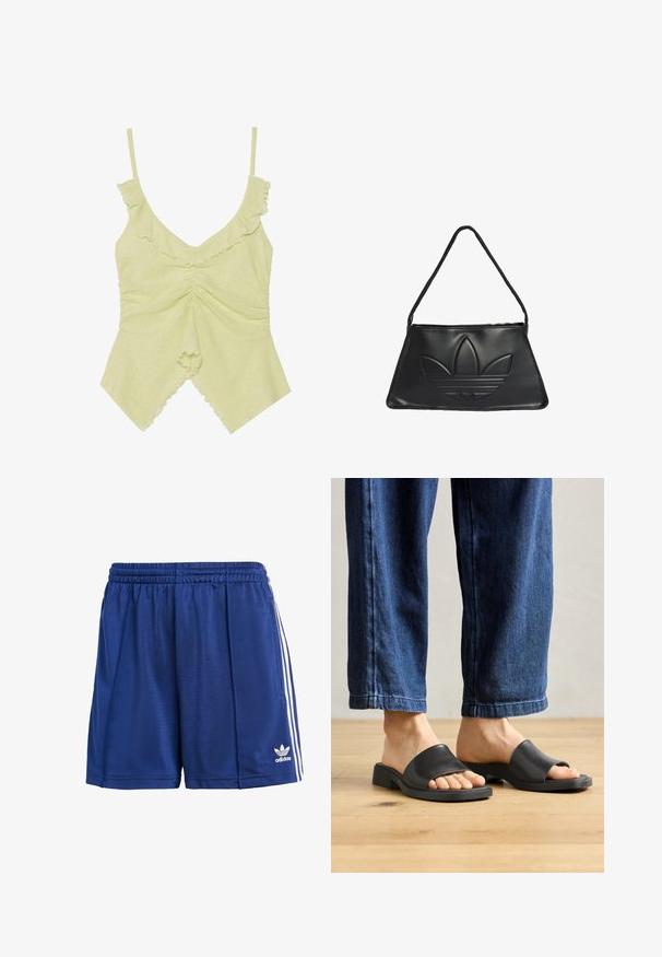 Jasnozielony top bez rękawów wykonany z miękkiego materiału, z falbankami na brzegach, dekoltem w serek i marszczeniem na środku.; Niebieskie sportowe szorty wykonane z gładkiego materiału, z elastyczną talią, białymi paskami po bokach i małym logo na dolnym końcu.; Czarne klapki wsuwane wykonane z gładkiego materiału, z odkrytymi palcami i szeroką górną taśmą, ustawione na tle ciemnych dżinsowych spodni o prostym kroju.; Czarna skórzana torebka w kształcie trapezu, z wystającym logo Adidas i cienkim paskiem na ramię. Zamknięcie na zamek błyskawiczny u góry.