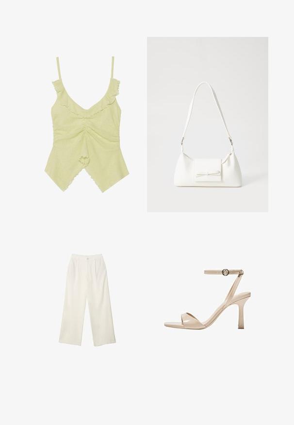 Helles grünes ärmelloses Oberteil aus weichem Stoff, mit gefransten Säumen, einem V-Ausschnitt und gerafften Details in der Mitte.; Helle Stoffhose mit weitem Bein und glatter Textur, ausgestattet mit einem einzelnen Knopf vorne, dezenten Falten und einem Hochbund-Design.; Nude Lackleder-Stiletto mit dünnem Knöchelriemen und runder Schnalle, offenes Zehen-Design und schlanker Stiletto-Ferse.; Weiße synthetische Handtasche in dreieckiger Form, flache Vorderklappe und Schleifendetail, verstellbarer Trageriemen, glatte Textur und minimalistisches Design.
