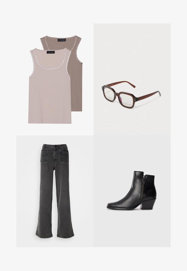 Dve majice na tanko v svetlo bež in rjavi barvi, z rebrastim teksturo, okroglim izrezom ter kontrastnim obrobjem ob ovratniku in odprtinah za roke.; Visoko pasovane, široke črne kavbojke iz denima, ki imajo gumbasto zapiranje, pasne zanke in dve zadnji žepki s šivanim poudarkom.; Črne usnjene gležnjarji s podolgovatim nosom, stranskim zadrgo in debelim peto. Gladka tekstura in minimalistična zasnova.; Rjavi prozorniki pravokotne oblike z jasnimi lečami, lahkim purpurnim odsevom in majhnimi zlatimi okrasnimi pikami na sprednjih vogalih.; Srebrni uhani v obliki obroča z gladko, polirano površino. Okrogla oblika s nekoliko ukrivljenim dizajnom in spojem robov. Zaponka za zaklepanje.