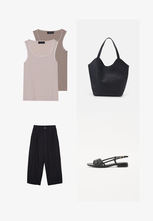 Kaksi hihattomaa paitaa vaaleassa beigestä ja ruskeasta, joissa on juoksukuvio, pyöreä kaula-aukko ja kontrastiväriset reunat kauluksessa ja käsivarsien aukkoissa.; Musta polyesterinen culotte-housut, jossa on joustava vyötärö, kaksi etupleettiä ja löysä siluetti. Ei näkyviä kuvioita tai metallisia yksityiskohtia.; Musta litteä sandaalit, joissa on hihnattu muotoilu, sisältäen useita nahkahihnoja ja kapean nilkkasoljen. Pohja on litteä ja suorakulmainen.; Mustat kangaskassit, jotka on valmistettu sileästä nahasta, jossa on kaareva, avoin yläosa, kaksi olkahihnaa ja minimalistinen muotoilu.