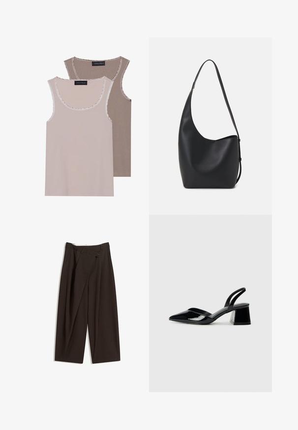 Zwei Trägershirts in hellbeige und braun, mit geripptem Texture, rundem Ausschnitt und kontrastierenden Blenden entlang des Kragens und der Armausschnitte.; Dunkelbraune, weite Hosen mit hohem Bund, die über einen einzigen Knopfverschluss und eine gefaltete Vorderseite verfügen. Hergestellt aus leichtem Stoff.; Schwarze Lackleder-Slingback-High Heels mit spitzem Schuh und einem geometrischen Blockabsatz. Verfügt über ein schlankes, minimalistisches Design und eine glatte Textur.; Schwarze Leder-Hobo-Tasche mit einer glatten Textur, geschwungener Form und einem einzelnen verstellbaren Tragegurt; verfügt über eine weite Öffnung am oberen Ende.
