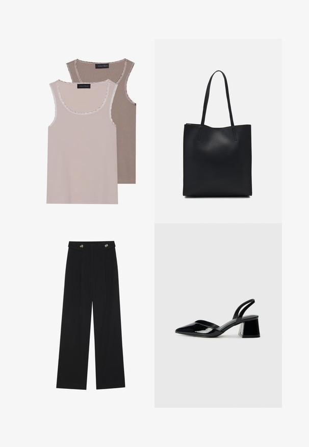 Two tank tops in light beige and brown, featuring a ribbed texture, round neckline, and contrasting trim along the collar and armholes.; Black wide-leg trousers with high waist, button details on waistband, and front pleats.; Black patent leather slingback heels with a pointed toe and a geometric block heel. Features a sleek, minimal design and smooth texture.; Black leather tote bag with smooth texture, rectangular shape, and two long handles. No visible hardware or embellishments.