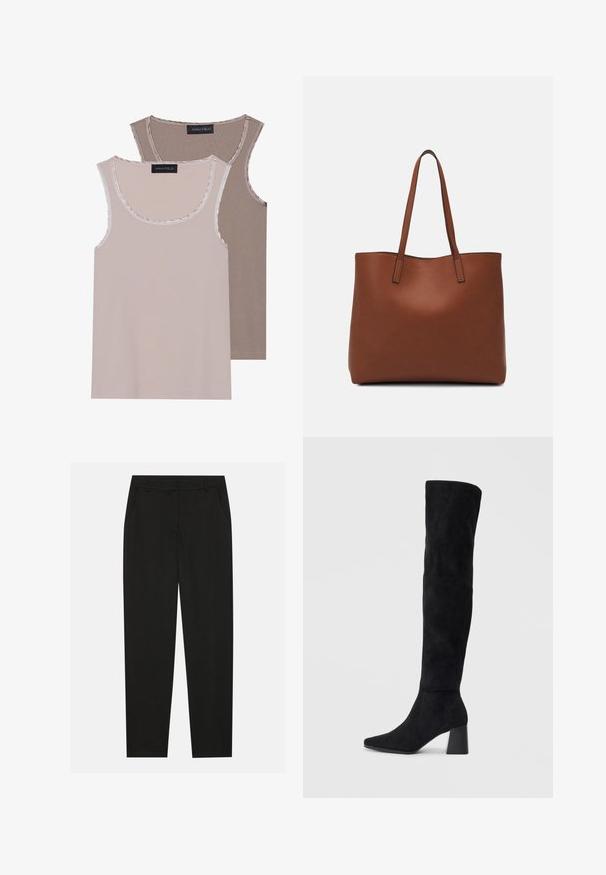 To tank topper i lys beige og brun, med ribbestruktur, rund hals og kontrastfarge langs kragen og armhullene.; Sorte bukser med skreddersydd design, med sidelommer og rett ben. Laget av glatt, lett stoff med en elegant finish.; Sorte semskede knelang støvel med blokk-heelsk, spiss tå og glatt, sømløst design på en ensfarget lys bakgrunn.; Brun lær tote veske med en jevn tekstur, åpen toppdesign og to skulderstropper. Har minimal søm og ingen synlige spiker.