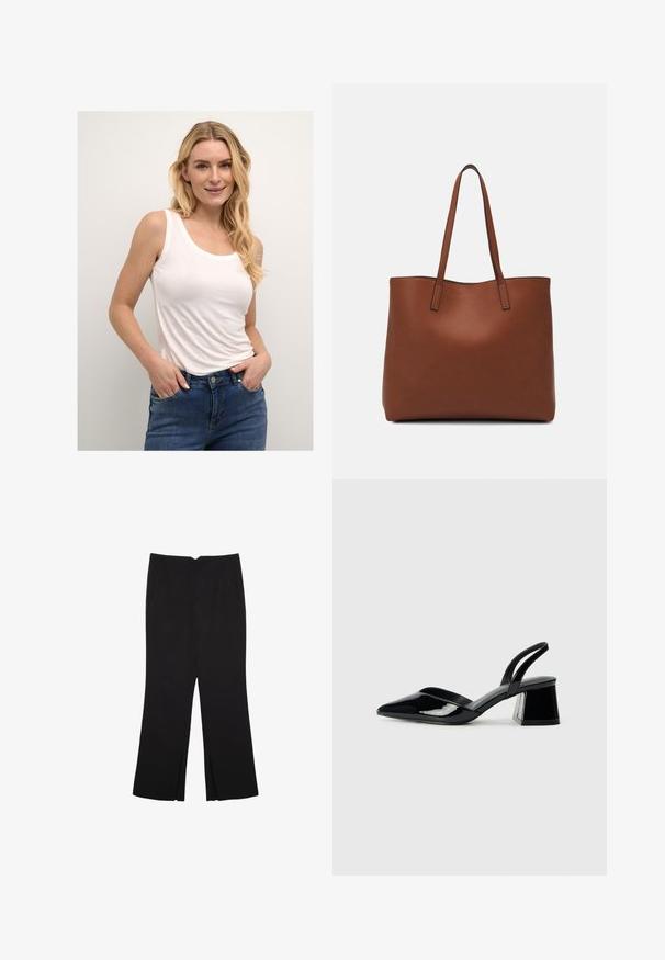 Bílé bezrukávové tílko s kulatým výstřihem vyrobené z měkké tkaniny, spárované se tmavě modrými džíny s předními kapsami.; Černé kalhoty s rovným střihem, s předními kapsami a bočními rozparky na lemu. Vyrobené z jemné, hladké tkaniny. Vhodné na různé příležitosti.; Černé lakované kožené lodičky na pásku s špičatou špičkou a geometrickým blokovým podpatkem. Vyznačují se elegantním, minimalistickým designem a hladkým povrchem.; Hnědá kožená taška přes rameno s hladkou texturou, otevřeným designem a dvěma ramenními popruhy. Obsahuje minimální švy a žádné viditelné kovové prvky.