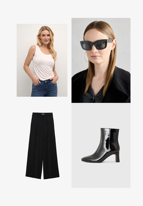 Witte mouwloze tanktop met een ronde halslijn, gemaakt van zachte stof, in combinatie met donkerblauwe denim jeans met voorkruiken.; Zwarte wijde broek van textuurstof, met een elastische tailleband en een afneembare sjaalstrik in de taille voor een verstelbare pasvorm.; Zwarte gepolijste leren enkellaars met een spitse neus en een blokhak van gemiddelde hoogte. Glad textuur en minimalistisch ontwerp.; Zwarte cat-eye zonnebril met donkere lenzen, dikke monturen en subtiele accenten. Draagt een zwarte jas en een grijze top, met lang stijl haar.; Zwarte handtas met gestructureerde vorm, gladde textuur en een metalen sluiting. Gecombineerd met brede zwarte broeken en sandalen met open teen op een houten vloer.