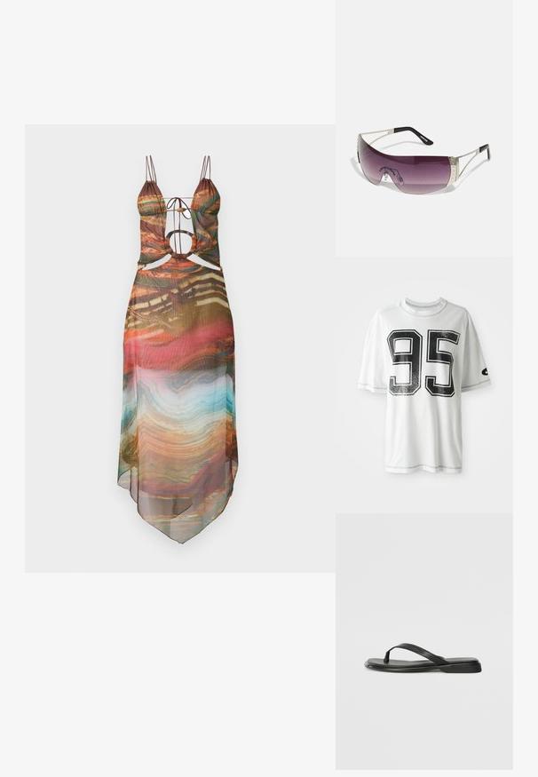 T-shirt branco de manga curta com um grande número "95" desgastado em preto na frente e um pequeno logótipo swoosh preto na manga esquerda.; Vestido translúcido multicolor com alças ajustáveis, detalhes recortados e uma bainha esvoaçante. O padrão abstrato inclui tons quentes e acentos em turquesa.; Chinelo preto feito de couro liso, com um design de tira fina e sola baixa com um perfil minimalista. Sem padrões ou acentos notáveis.; Óculos de sol com uma lente grande e curva roxa, detalhes em metal prateado, e hastes pretas com um logo. Detalhes texturizados na armação são visíveis.; Bolsa de mão em pele sintética verde oliva com detalhe de estrela prateada, alças duplas e fecho com zip. Superfície texturizada e forma estruturada.