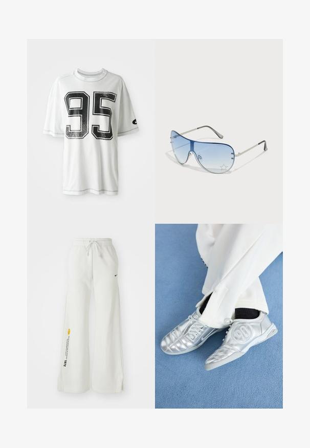 Fehér rövid ujjú póló, elöl nagyméretű, kopottas fekete "95" számmal, a bal ujján egy apró fekete swoosh logóval.; Fehér, bő szárú melegítőnadrág, rugalmas derékpánttal, zsinórral, oldalsó hasítékokkal, fekete Nike logóval és kontrasztos sárga grafikai szöveggel.; Ezüst sportcipők sima, fényes felülettel, varrott mintázattal és a 90-es számmal az oldalán, fehér nadrággal párosítva.; Pilóta napszemüveg, melynek áttetsző kék lencséje, ezüst fém kerete és díszes csillag díszítések találhatók a lencsén. Simogató és elegáns dizájn.