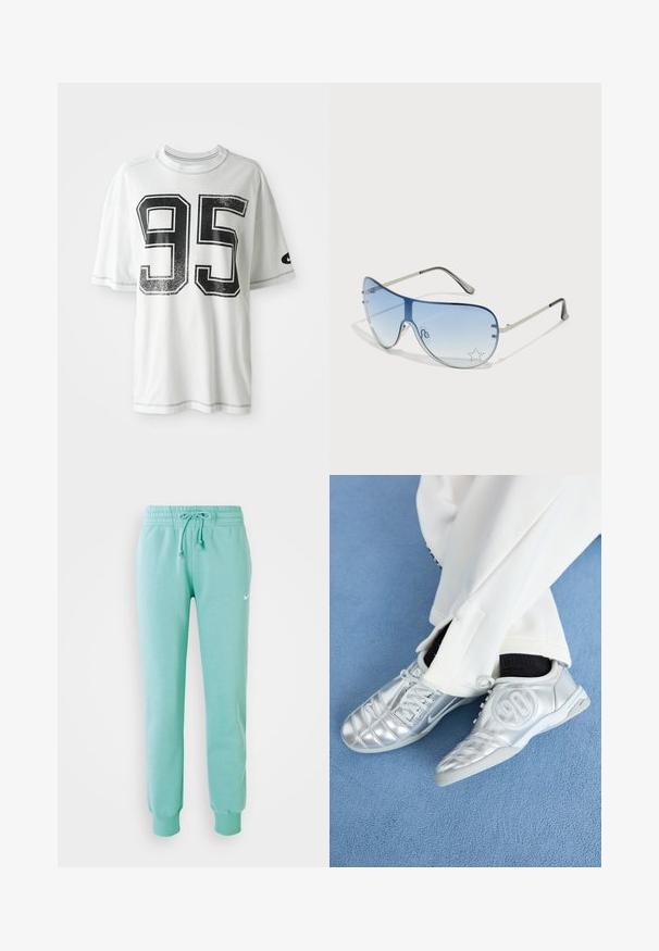 Bílý krátký rukáv tričko s velkým distressed černým číslem "95" na přední straně a malým černým logem swoosh na levém rukávu.; Mátově zelené tepláky s elastickým pasem, stahovací šňůrkou a žebrovanými manžetami. Obsahují malé bílé logo Nike na levém stehně.; Stříbrné sportovní boty s hladkým, lesklým povrchem, se šitým designem a číslem 90 na boku, spárované s bílými kalhotami.; Pilotské sluneční brýle s modrými gradientními skly, stříbrným kovovým rámem a dekorativními hvězdnými akcenty na sklech. Hladký a elegantní design.