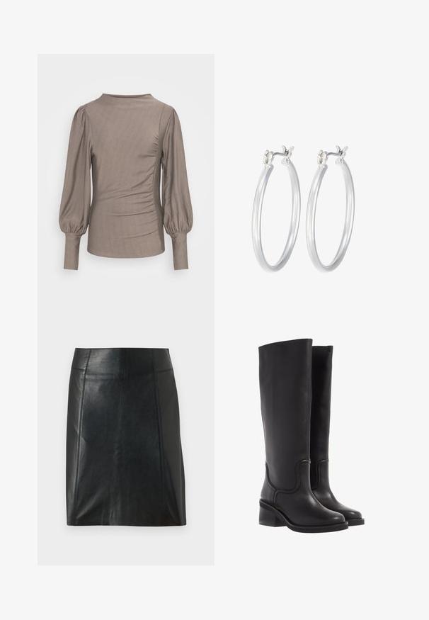 Brązowy długi rękaw bluzka z bufkami, okrągłym dekoltem, bocznymi marszczeniami i gładką fakturą. Materiał ma lekki połysk, bez widocznych wzorów czy akcentów.; Czarna skórzana spódnica o dopasowanym kroju. Gładka tekstura, szwy podkreślające kształt i prosty dół. Minimalistyczny i elegancki wygląd.; Czarne skórzane kozaki do kolan o gładkiej fakturze, zaokrąglonym nosku i masywnym obcasie. Posiadają subtelne przeszycia i elegancki kształt.; Srebrne kolczyki w formie kółek o gładkim, polerowanym wykończeniu. O okrągłym kształcie i pewnym zapięciu na klik. Lekka konstrukcja odpowiednia do codziennego noszenia.