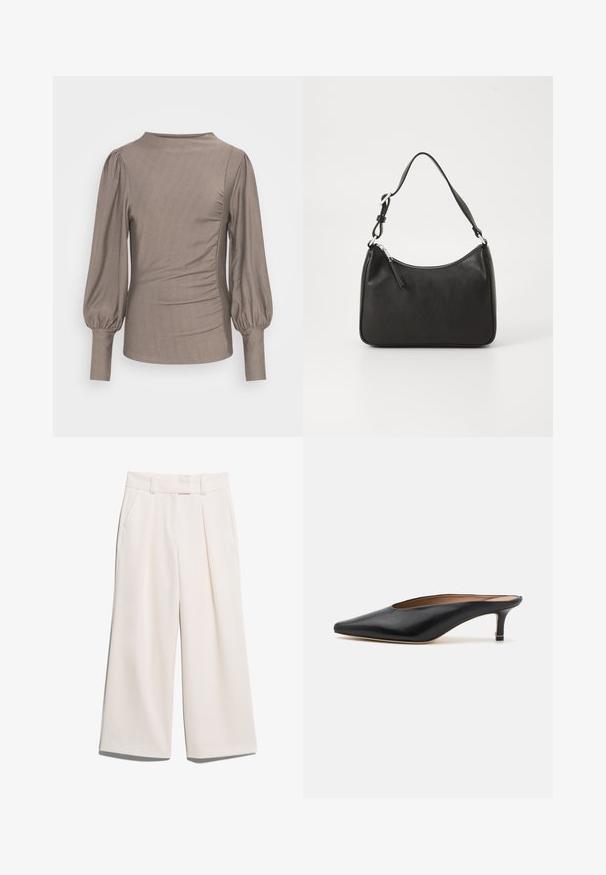 Brun langarmet topp med puffede ermer, rund hals, sidemomenter og glatt tekstur. Stoffet har svak glans, uten synlige mønstre eller detaljer.; Videbukser i en lys kremfarge, laget av glatt stoff med to frontlommer og synlig søm på livserien.; Sorte lærmules med spiss tå og lav, blokkert hæl. Glatt tekstur med et elegant design. Åpen bak med minimal detaljering.; Svart lærveske med en buet form, en enkelt stropp, glidelåslukking og subtil merkevarebygging på forsiden. Glatt tekstur, minimalistisk design.