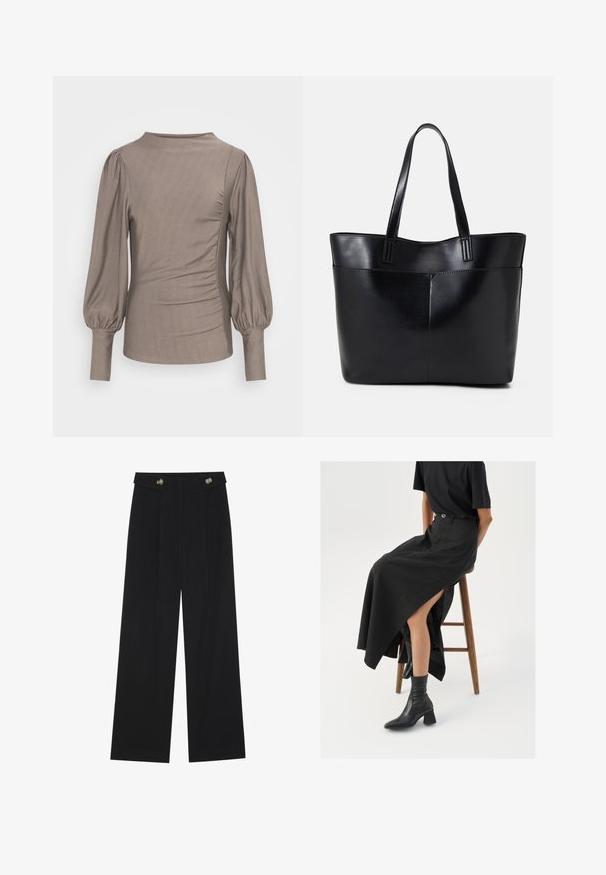 Maglietta a maniche lunghe marrone con maniche a sbuffo, scollatura rotonda, arricciature laterali e superficie liscia. Il tessuto ha una leggera lucentezza, senza motivi visibili o dettagli.; Pantaloni neri a gamba larga con vita alta, dettagli con bottoni in vita e pieghe frontali.; Gonna maxi in lino nera con uno spacco alto, indossata con una t-shirt nera e stivaletti neri. Design minimalista con una vestibilità rilassata.; Borsa a tracolla in pelle nera con due manici lunghi, una texture liscia e una forma strutturata. Presenta una tasca frontale per ulteriore spazio di archiviazione.; Orecchini a cerchio in argento con una finitura liscia e lucida. Forma rotonda e chiusura a scatto sicura. Design leggero adatto per l'uso quotidiano.