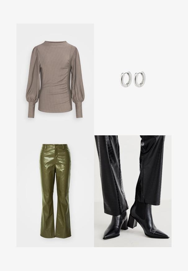 Smeđa dugarmanička majica s pufastim rukavima, okruglim izrezom, bočnim nabiranjem i glatkom teksturom. Tkanina blago sjaji, bez vidljivih uzoraka ili akcenta.; Maslinasto zelene hlače od umjetne kože s teksturom krokodila, s uskim strukom i raskošnim nogavicama. Materijal ima sjajnu završnu obradu.; RAID NEMMA - Klasične gležnjače - black metallic; Srebrne kružne naušnice s poliranim završetkom, koje imaju kružni dizajn i bešavne šarke, prikazujući glatku teksturu.