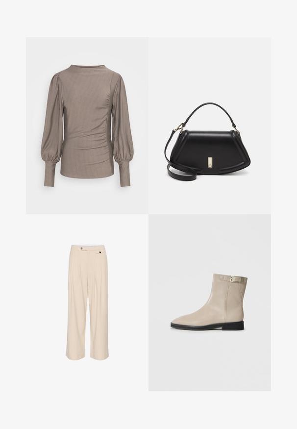 Maglietta a maniche lunghe marrone con maniche a sbuffo, scollatura rotonda, arricciature laterali e superficie liscia. Il tessuto ha una leggera lucentezza, senza motivi visibili o dettagli.; Pantaloni beige a gamba larga con davanti piatto, due tasche laterali, chiusura con bottone e dettagli plissettati per un tocco di texture e design.; Stivale ankle in pelle beige con punta allungata, suola nera, tacco basso e cinturino con fibbia dorata sul lato esterno, mostrato su sfondo bianco.; Borsa a mano in pelle nera con un design strutturato, caratterizzata da una forma corta, manico superiore e accessori in metallo dorato. Inclusa tracolla regolabile.