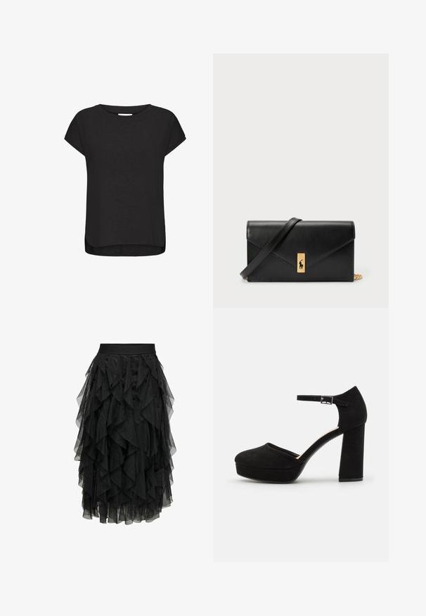 Must värvi lühikeste varrukatega T-särk pehmest kangast, ümarate krae ja kõverate servadega, kergete külgaukudega mugavuse tagamiseks.; Must muströliga mustast tüllist seelik, millel on volangiliste detailidega disain. Varustatud elastsest vööst. Läbipaistev kangas lisab tekstuuri ja liikumist.; Mustad nubukist platvormi kõrged kontsad, millel on paks plokknina, ümmargune varvas ja pahkluu rihm, mis on kinnitatud metallist sanga abil. Ühtlane sile tekstuur.; Must mustra rahakott, millel on voltimisega klapp, kuldne riistvaraga, ning millel on logo aktsent. Sisaldab eemaldatavat rihma kandmiseks.
