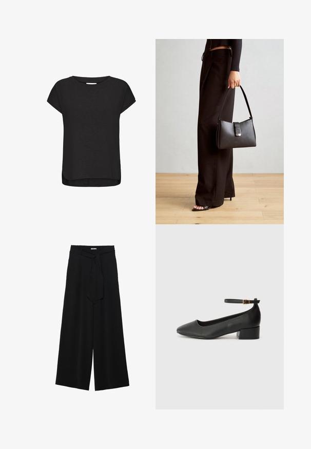 Must värvi lühikeste varrukatega T-särk pehmest kangast, ümarate krae ja kõverate servadega, kergete külgaukudega mugavuse tagamiseks.; Mustad laiad püksid, millel on tekstureeritud kangas, elastne vöökoht ja eemaldatav pael vööst, et reguleerida sobivust.; Must mustaapp, millel on terav nina ja madal blokk-kand. Omab pahkluu rihma koos kuldse tooni pandlaga. Sile tekstuur.; Must musta kott, millel on struktureeritud kuju, sile tekstuur ja metallist klamber. Kombineeritud laiate mustade pükstega ja avatud varvaste sandaalidega puidust põrandal.