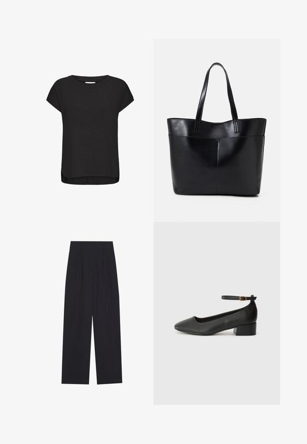 Black short-sleeve t-shirt made from soft fabric, featuring a round neckline, curved hemline, and slight side slits for ease of movement.; Black wide-leg trousers made of a smooth fabric, featuring pleats, a flat front waistband, and no visible pockets or embellishments.; Black leather pump with a pointed toe and a low block heel. Features an ankle strap with a gold-tone buckle. Smooth texture.; Black leather tote bag with two long handles, a smooth texture, and a structured shape. Features a front pocket for additional storage.